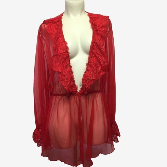 Red Lace & Mesh Cover Up Kimono Robe - Picture 1 of 8